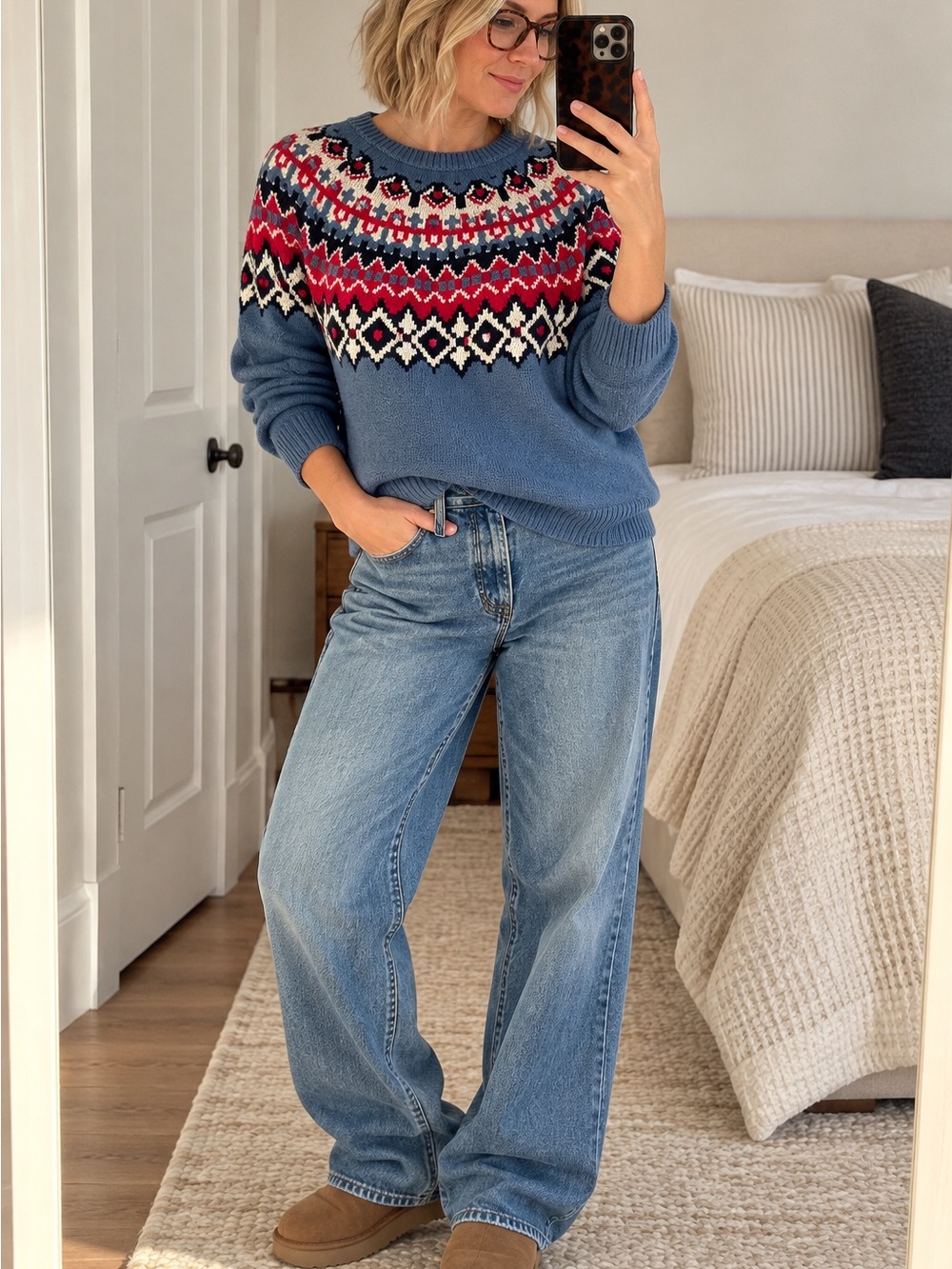 CHAPS Fair Isle Nordic Sweater Blue Red Cream Cotton Blend XL